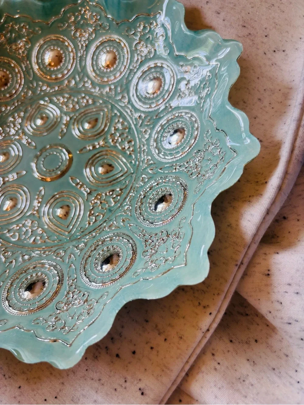 Mandala Style Glass celebration Bowl Boho ocean blue seafoam & Gold